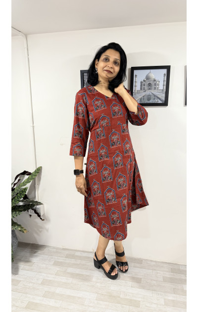 Red pichwai print with overlap yoke pattern Dress