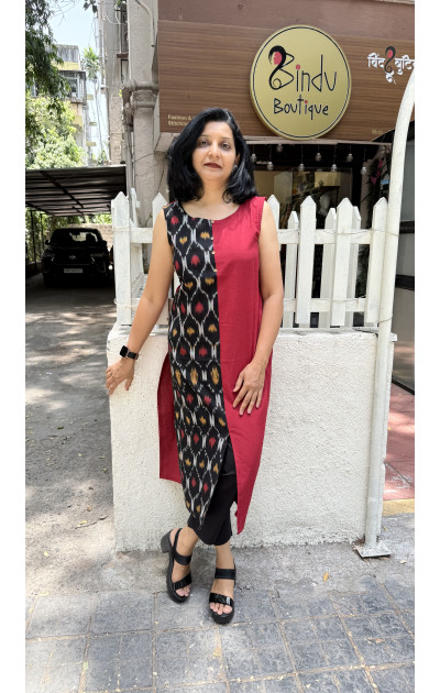 Plain red fabric & black ikkat fabric half-half pattern Kurti 