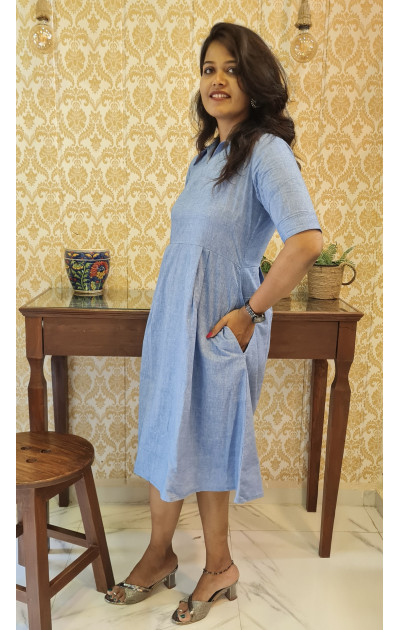 Denim blue cotton collared dress