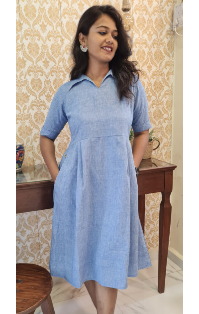 Denim blue cotton collared dress