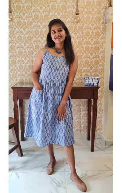 Sky blue dress with dark blue floral block print 