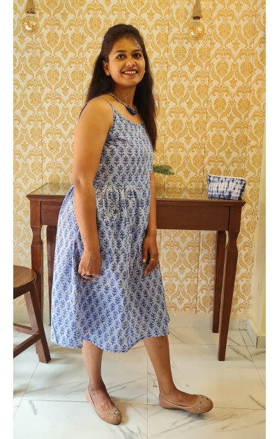 Sky blue dress with dark blue floral block print 