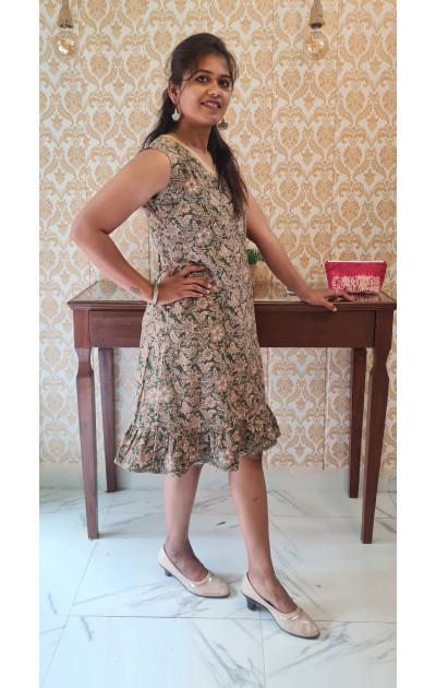 Green kalamkari dress off white floral print with frill