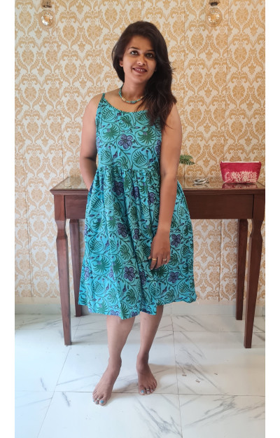 Blue & red color floral summer dress with pocket  