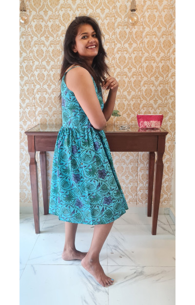 Blue & red color floral summer dress with pocket  