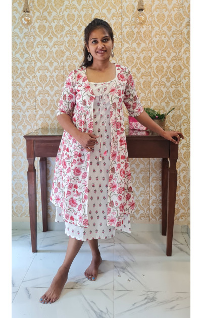 White  & pink cotton dress with pink floral jacket 