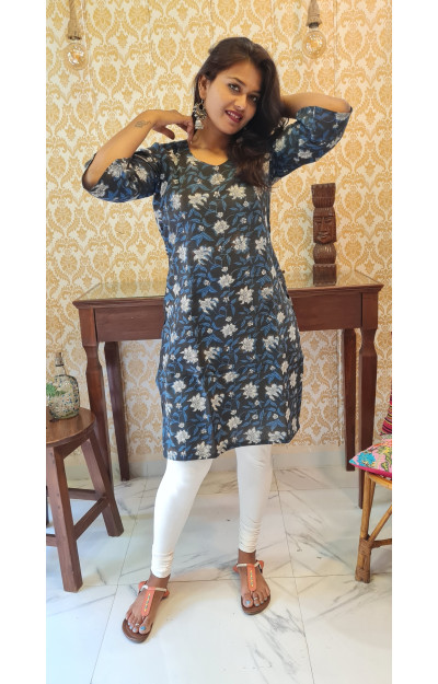 Black kurti with blue & white floral print