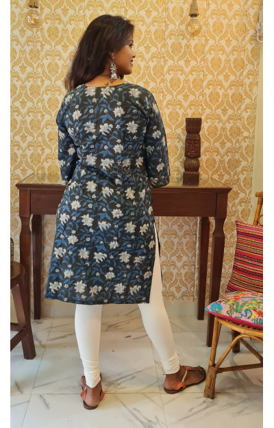 Black kurti with blue & white floral print