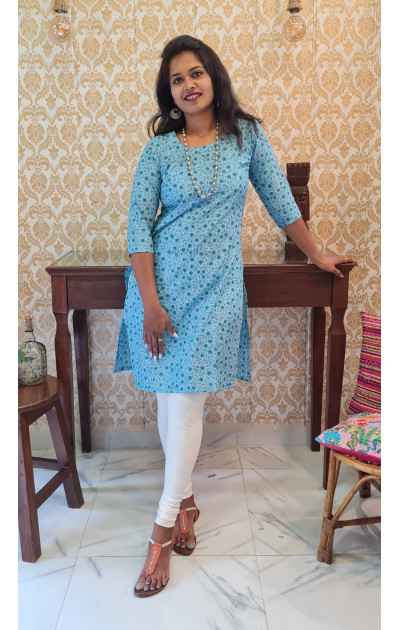 Sky blue cotton kurti with floral print 