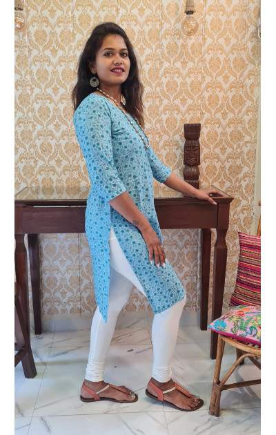 Sky blue cotton kurti with floral print 