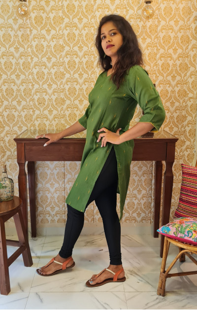 Green cotton  kurti with yellow lines 