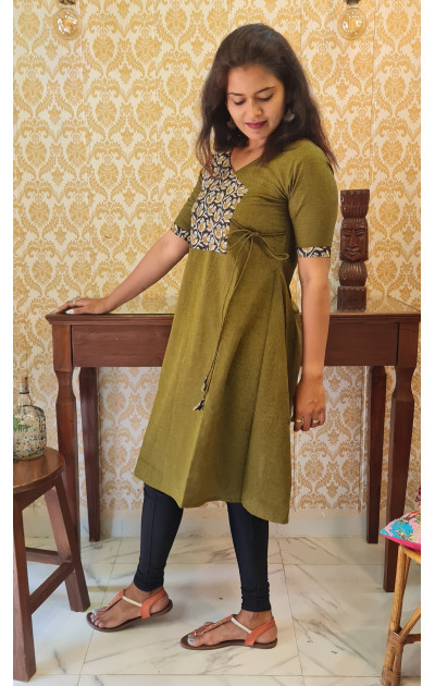 Yellowish green  kurti with black & white patch