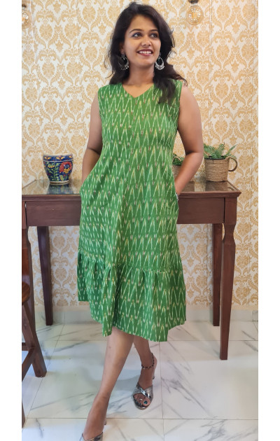 Green ikkat frill dress with side pocket