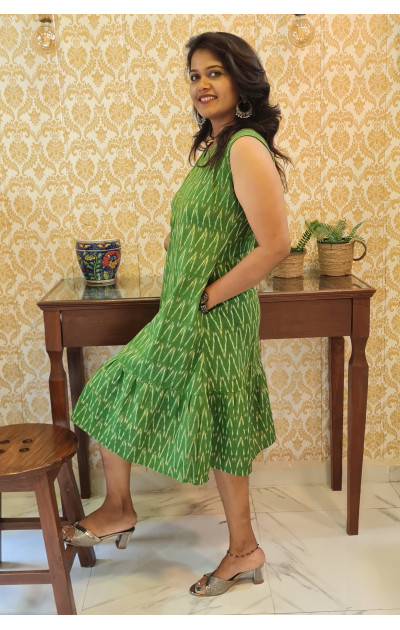 Green ikkat frill dress with side pocket