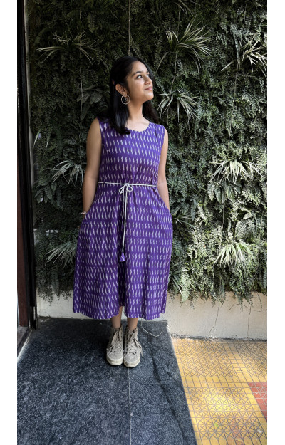 Purple Ikkat sleeveless dress with knot