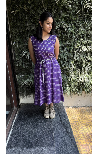 Purple Ikkat sleeveless dress with knot