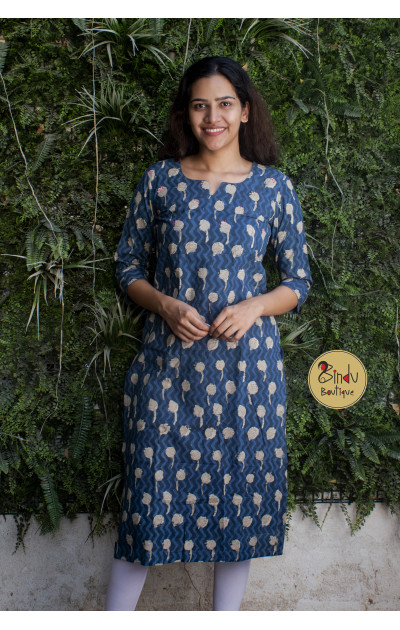 Indigo Kurtis with the motifs highlighted with thread embroidery on yoke portion