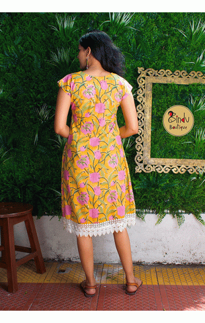 Yellow block printed dress amblished with lace