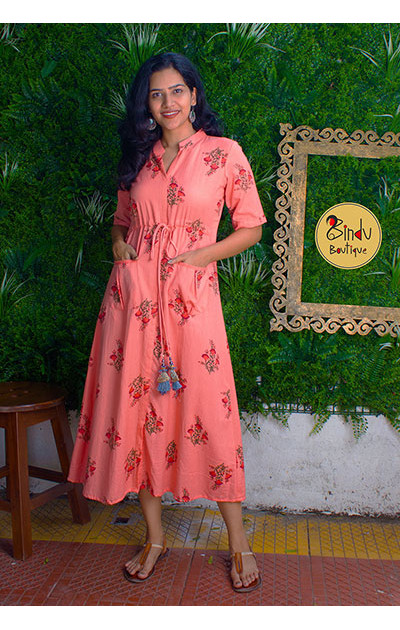 Peach Color Mughal Print dress