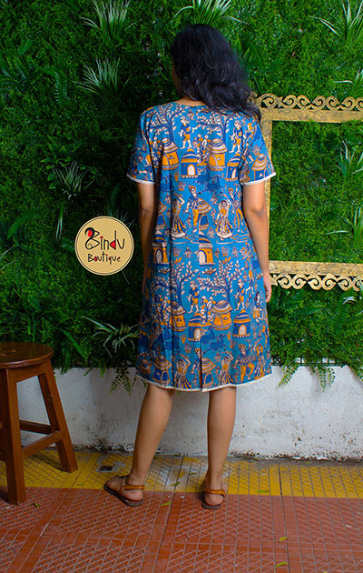 Blue Kalamkari dress with lace