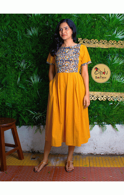 Yellow dress with brown kalamkari patch