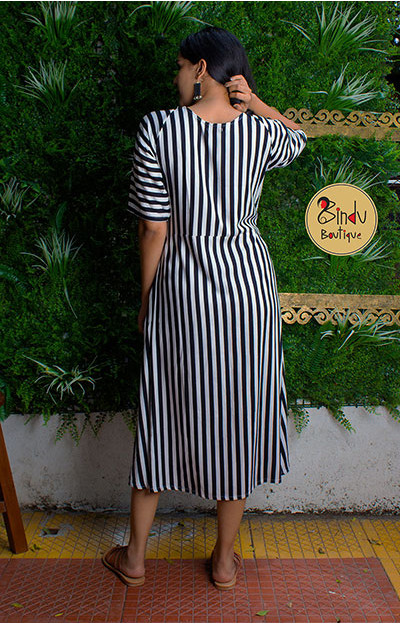 Rayon Black n White Striped Dress with Raglan Sleeves