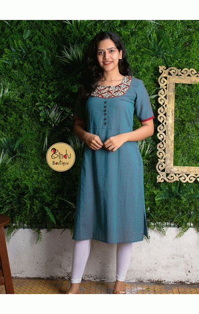 blue kurti with modal silk patch