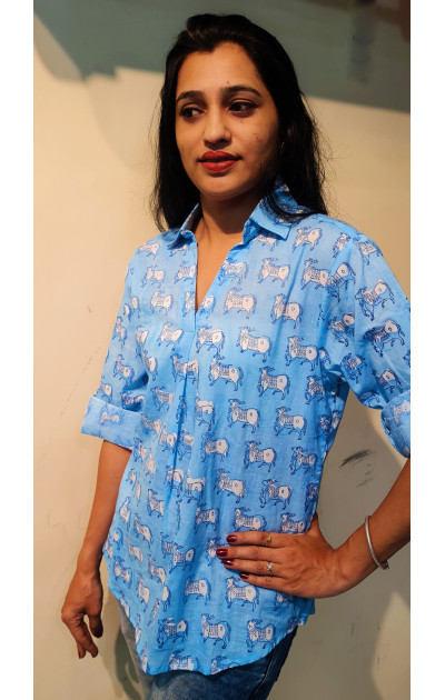 Nandi Print Shirt | Blue | Collared | Cotton