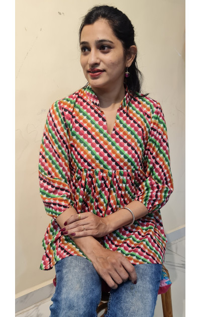 Multicolored polka doted Tunic with Gathers below the yoke