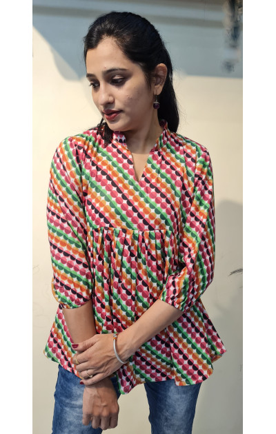 Multicolored polka doted Tunic with Gathers below the yoke