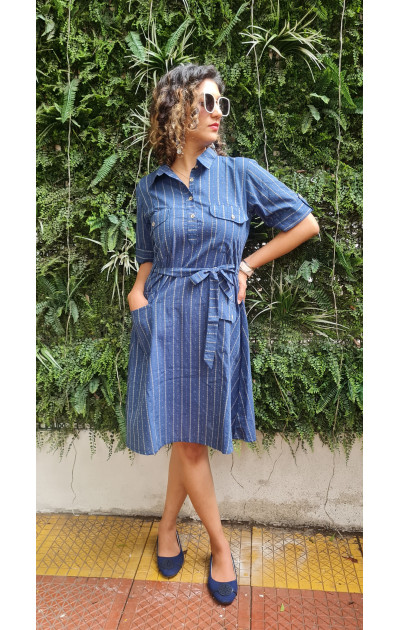 Blue handloom dress with beige lines