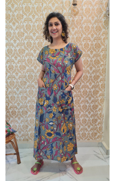 Grey kalamkari maxi-dress