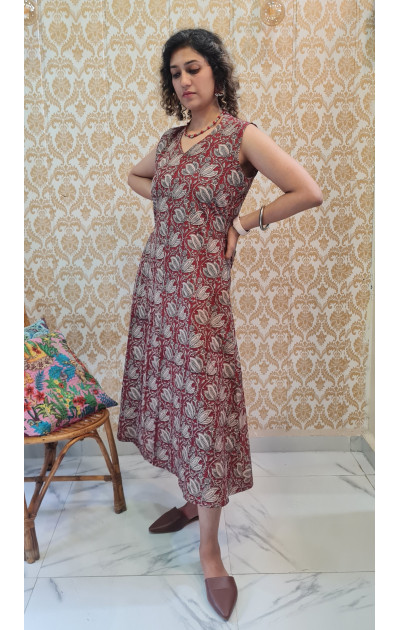 Red kalamkari dress with front slit