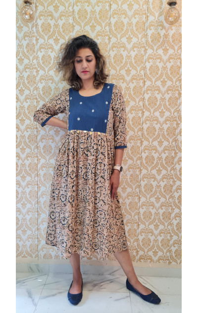 blue kalamkari dress with blue colour patch