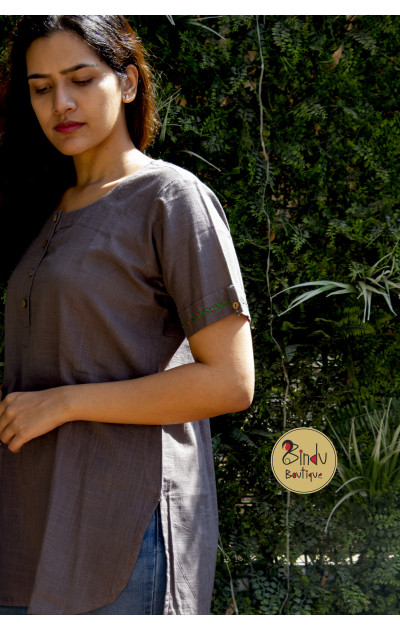 Grey Slub Cotton Tunic with embroider detailing on sleeves