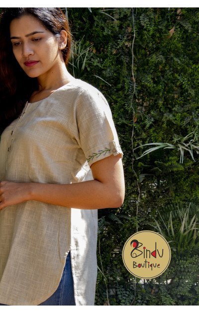 Beige Slub Cotton Tunic with Embroid Detailing on Sleeves