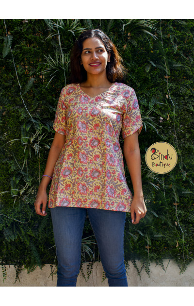 Yellow handloom cotton tunic with pink floral print