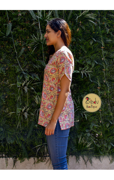 Yellow handloom cotton tunic with pink floral print