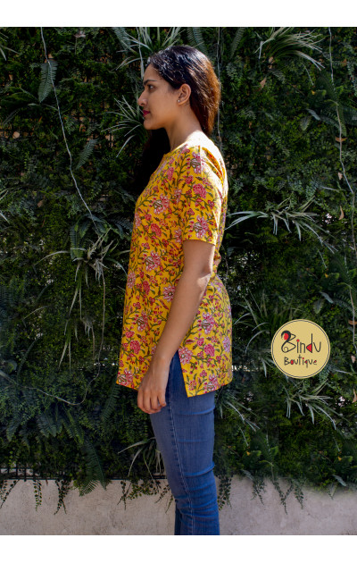 yellow floral tunic with peach print