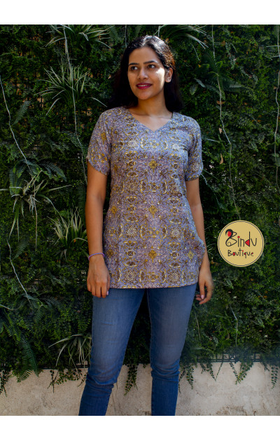 Grey tunic with yellow floral print 