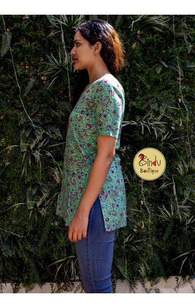 Pista green tunic with maroon floral print