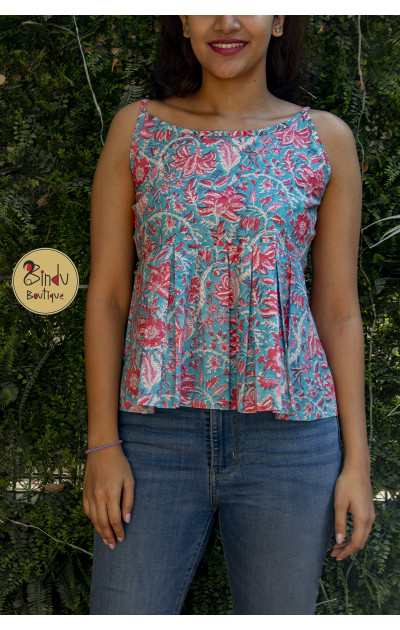 Sky blue pleats tunic with pink floral print 