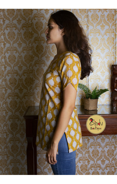 Mustered yellow tunic with white block print 