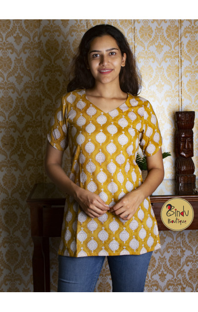 Mustered yellow tunic with white block print 