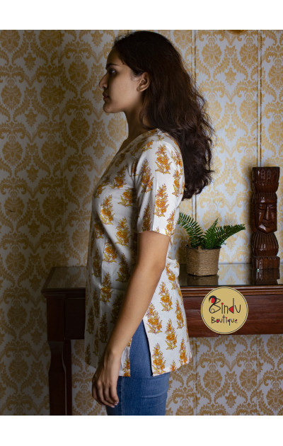 White cotton tunic with yellow  block floral print 