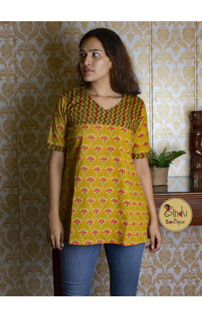 Mustered yellow Ajarakh tunic with red lotus print