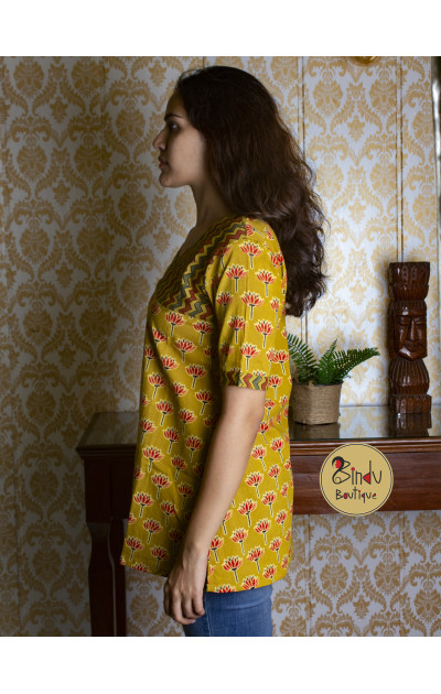 Mustered yellow Ajarakh tunic with red lotus print