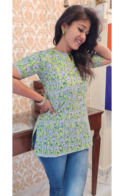 Lotus-printed pastel Green tunic