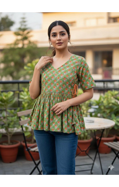 Green colour with orange flowers angrakha tunics