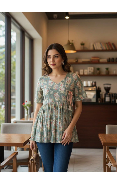 pastel green color with peach flowers tunics 